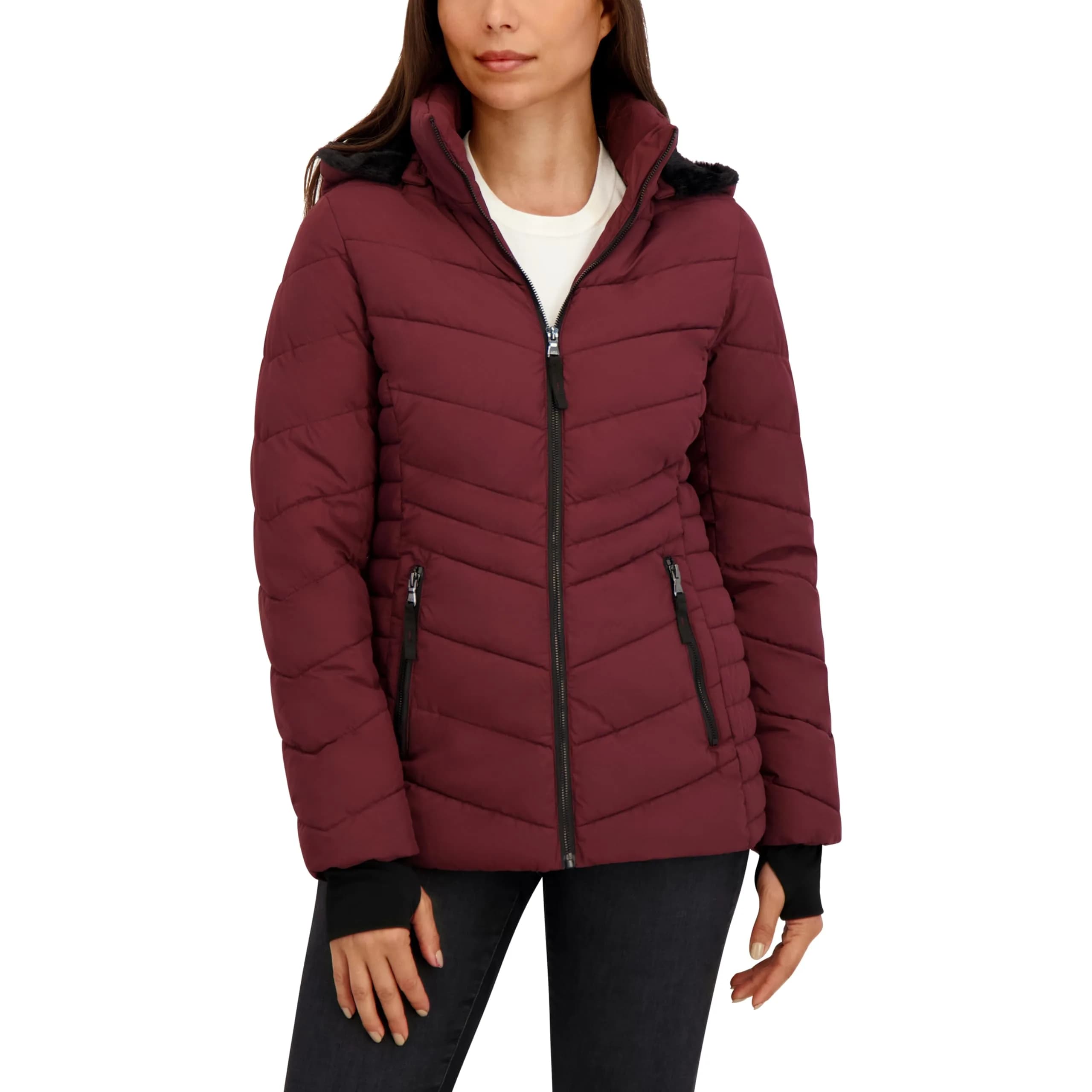 HFX Women's Stretch Puffer Jacket, Garnet, Medium | Active Warmth & Flexibility — Garnet