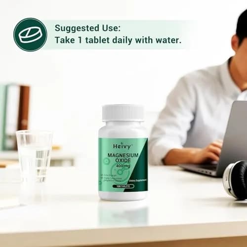 Heivy Magnesium Oxide 400mg | Vegan Mineral Supplement for Muscle Recovery & Relaxation in USA (120 Tablets x 2 Bottles) thumbnail 6