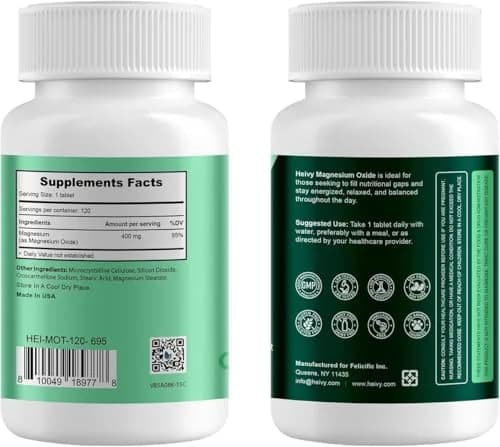 Heivy Magnesium Oxide 400mg | Vegan Mineral Supplement for Muscle Recovery & Relaxation in USA (120 Tablets x 2 Bottles) thumbnail 2
