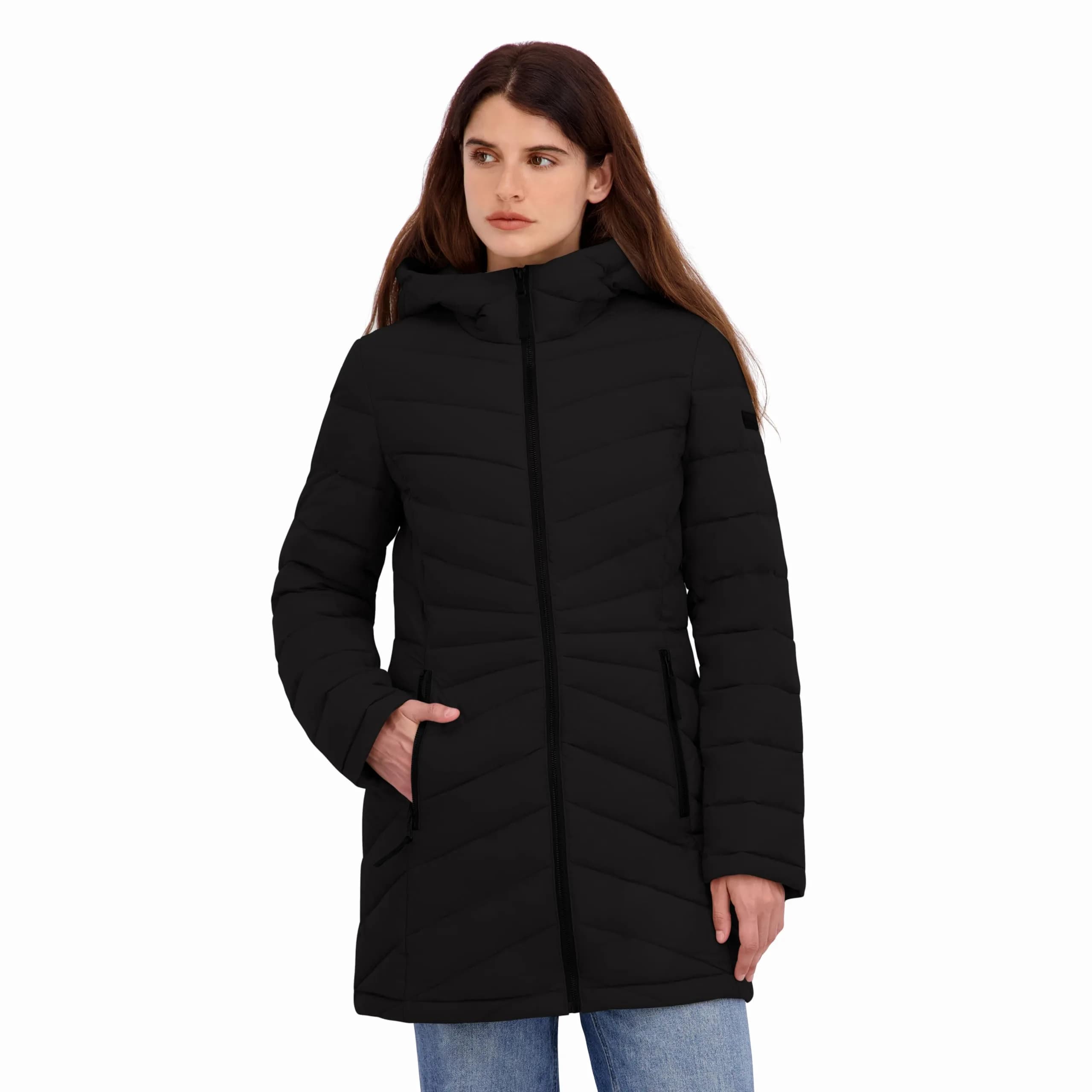 HFX Women's Longline Stretch Puffer Coat, Moss Green, Small | Active & Performance Winter Outerwear — Black Large