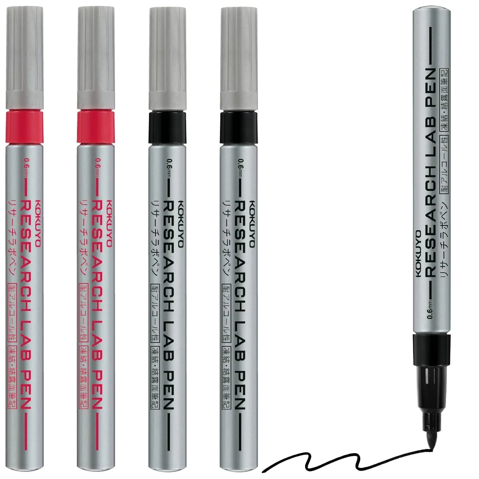 KOKUYO Alcohol Resistant Laboratory Markers, 5 Black Permanent Freezer Lab Pens with 0.6mm Fine Point Tip | Smudge-Proof & Chemical-Resistant — Black+Red