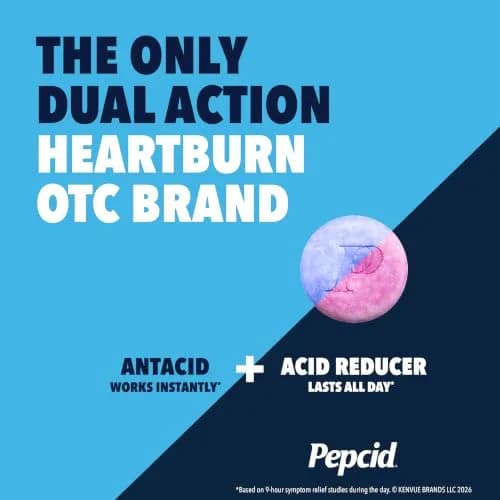 Pepcid Complete Acid Reducer + Antacid Chewable Tablets Berry 70 Count | Fast Heartburn Relief with Famotidine thumbnail 6