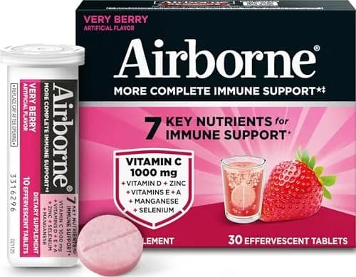 Airborne Very Berry Vitamin C 1000mg with D & Zinc Effervescent Tablets 60 Count (Pack of 2) | Immune Support with Antioxidants thumbnail 1
