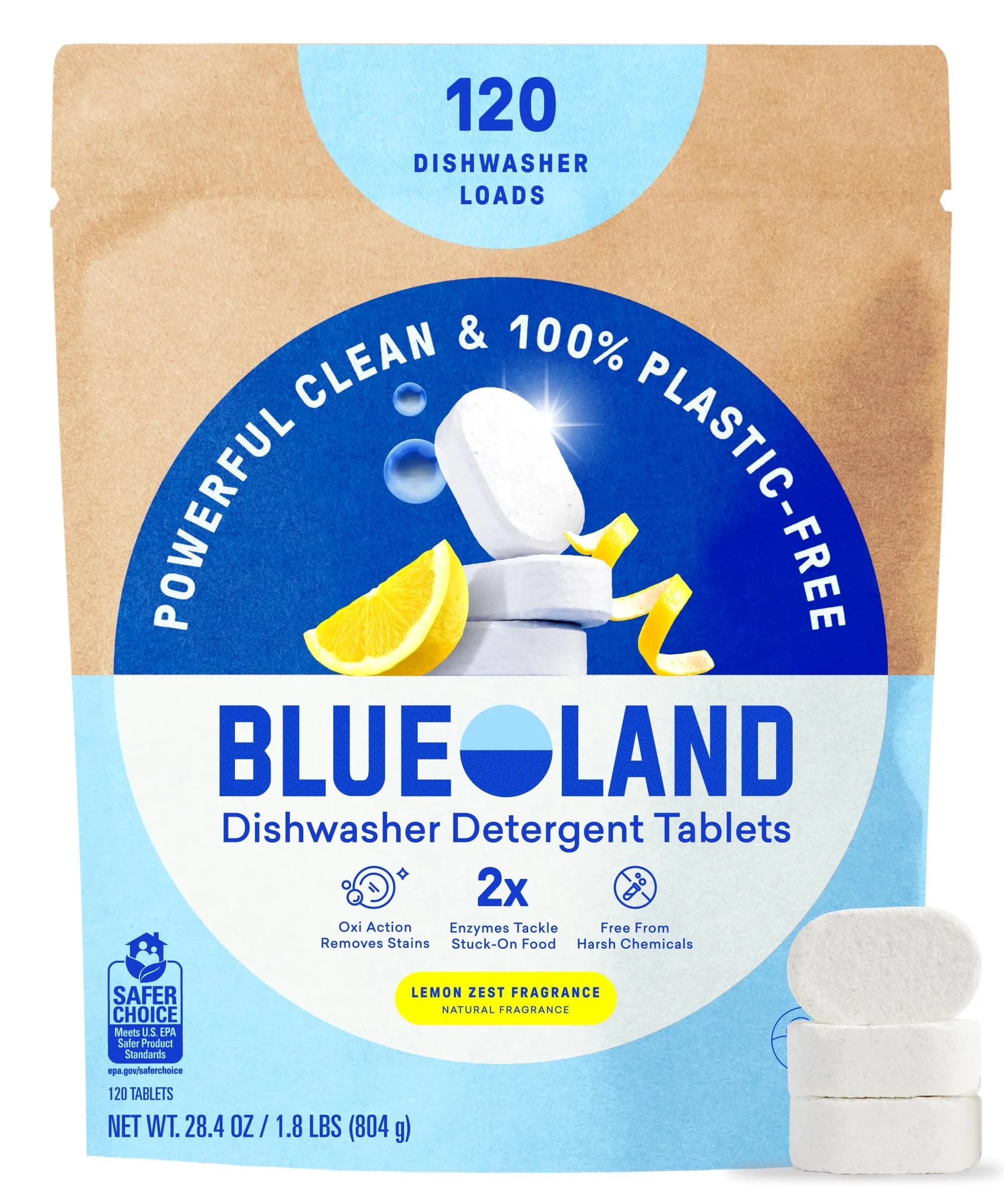 BLUELAND 100% Plastic-Free Dishwasher Detergent Tablets, 60 Count | EPA Safer Choice Certified — Lemon