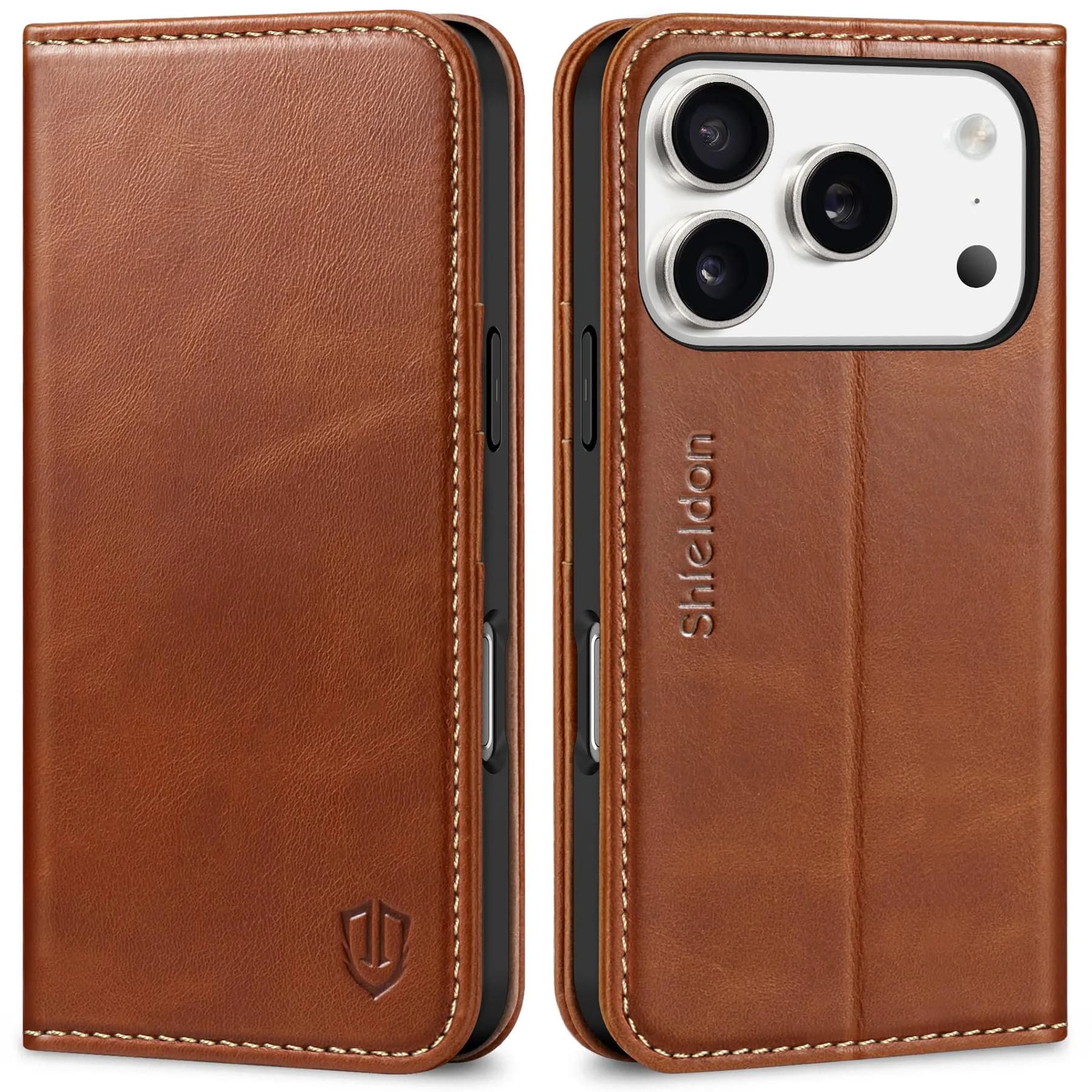 SHIELDON Genuine Leather Wallet Case for iPhone 18 Pro/17 Pro | RFID Blocking & Shockproof (6.3") - main product image