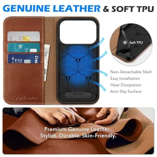SHIELDON Genuine Leather Wallet Case for iPhone 18 Pro/17 Pro | RFID Blocking & Shockproof (6.3") thumbnail 3