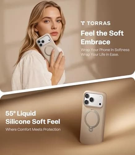 TORRAS Q3 Silicone 360 Spin Case for iPhone 17 Pro 6.3'' | MagSafe Compatible, Magnetic Ring Kickstand, Liquid Silicone Rubber, Dune Beige thumbnail 4