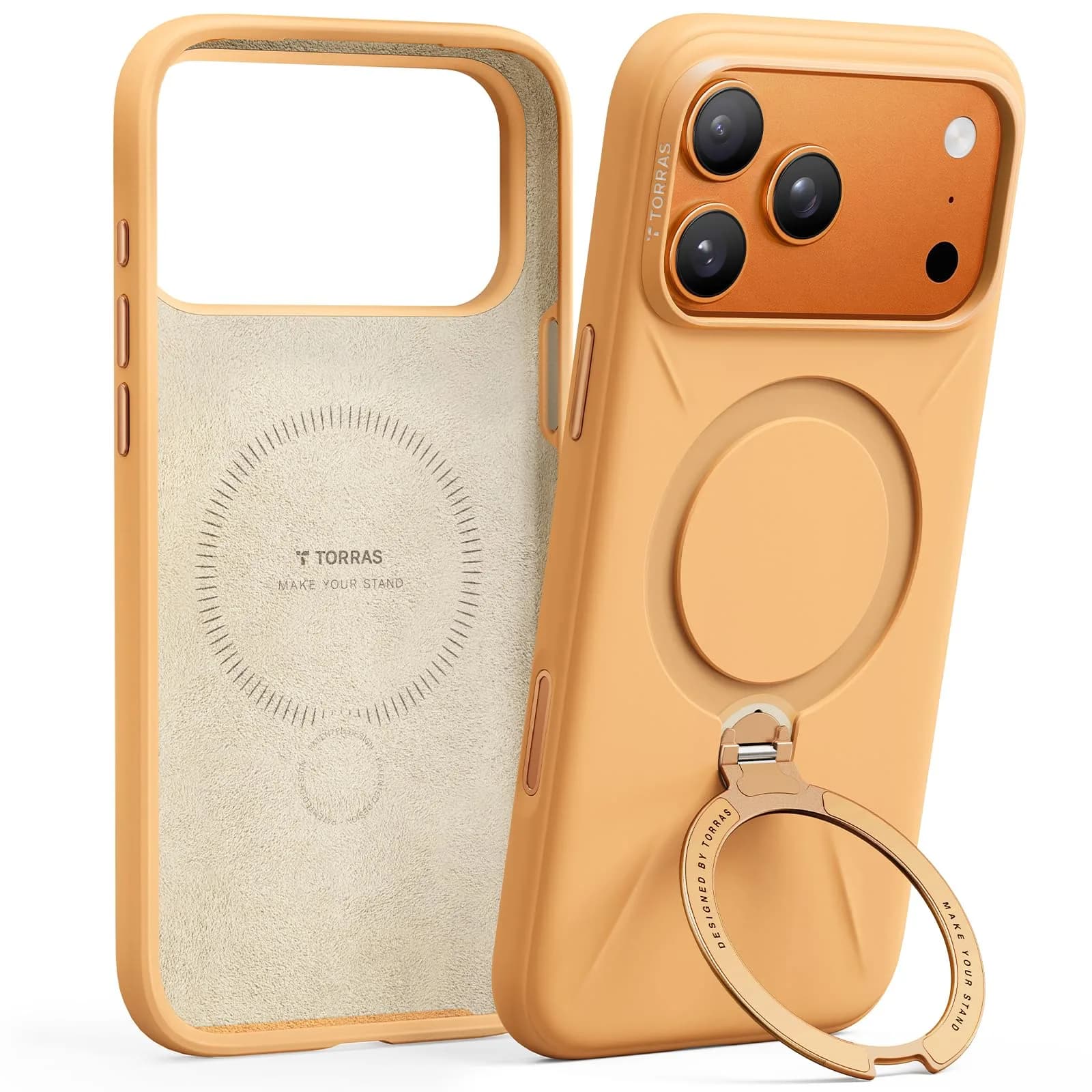 TORRAS Q3 Silicone 360 Spin Case for iPhone 17 Pro 6.3'' | MagSafe Compatible, Magnetic Ring Kickstand, Liquid Silicone Rubber, Dune Beige — Pastel Orange / iPhone 17 Pro