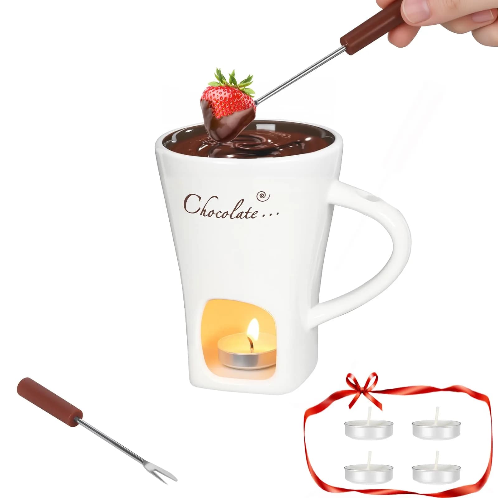 daslich Fondue Pot Cup Set | Ceramic Chocolate & Cheese Melting Mug for Date Night & Parties