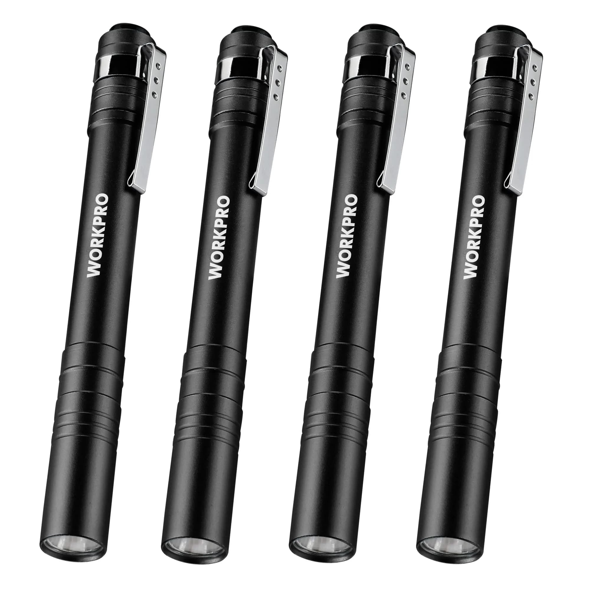 WORKPRO LED Pen Light, Aluminum Pen Flashlight with Clip, 4 Count (Black) | Inspection, Emergency, Everyday Use - main product image