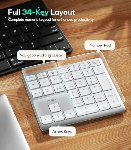 Nulea Wireless Number Pad Bluetooth 5.0 & 2.4G Numeric Keyboard, USB-C Rechargeable, 34-Keys Silvery White | Data Entry Productivity Tool thumbnail 5