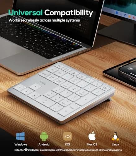 Nulea Wireless Number Pad Bluetooth 5.0 & 2.4G Numeric Keyboard, USB-C Rechargeable, 34-Keys Silvery White | Data Entry Productivity Tool thumbnail 3