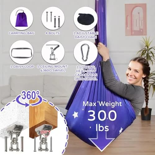 Heyfriday Sensory Swing for Kids & Adults 59in x 59in | Supports 300lbs, Adjustable, Indoor & Outdoor, 360° Swivel, Galaxy Purple thumbnail 6
