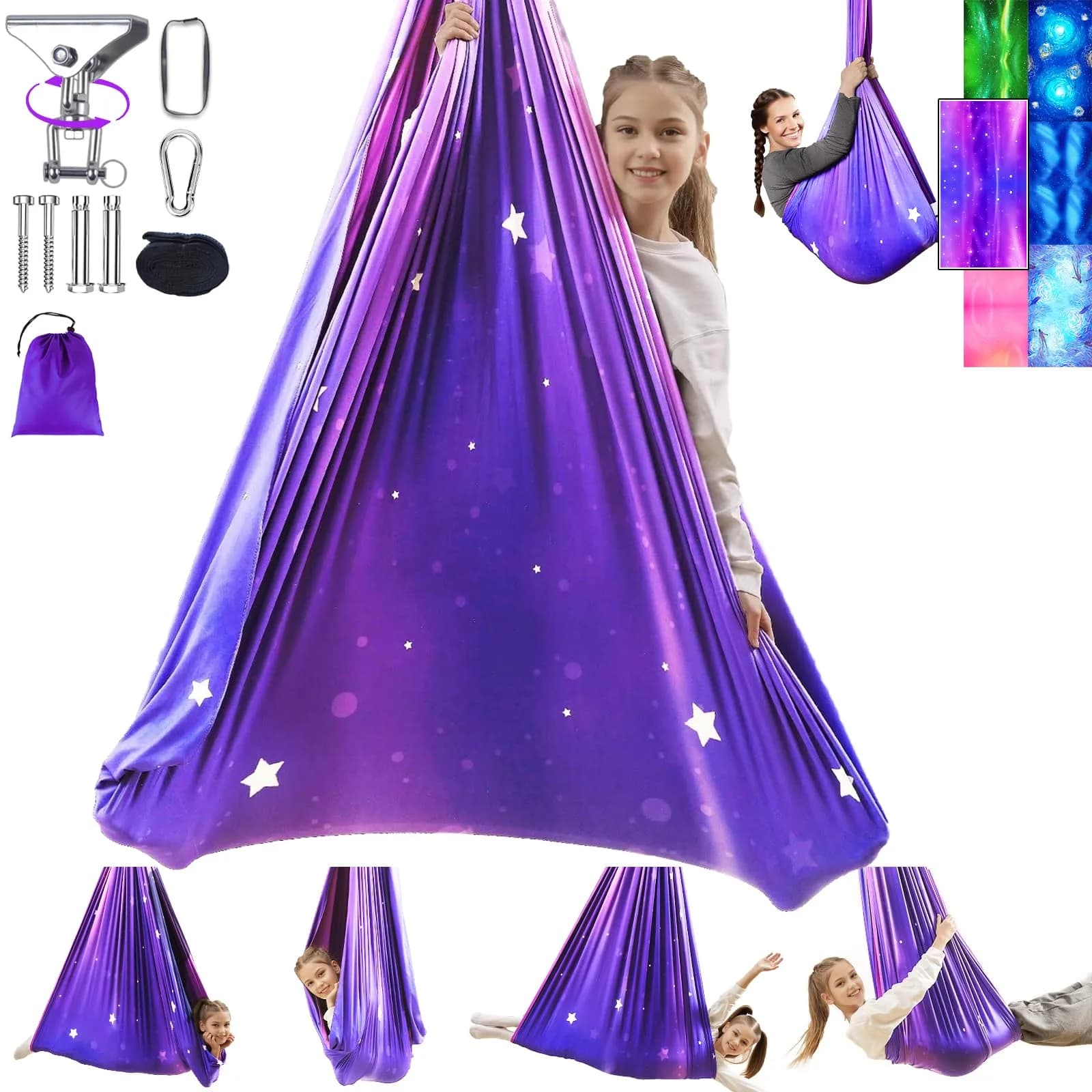 Heyfriday Sensory Swing for Kids & Adults | Adjustable Indoor & Outdoor Therapy Cuddle Swing, Holds up to 300lbs, Green — Galaxy Purple