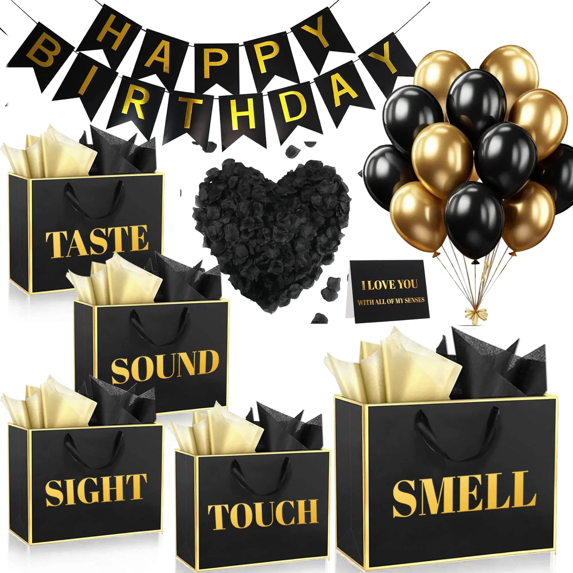 PEMOTYST 5 Senses Gift Bags for Him | Elegant Black & Gold, Reusable, Complete Sensory Experience - main product image