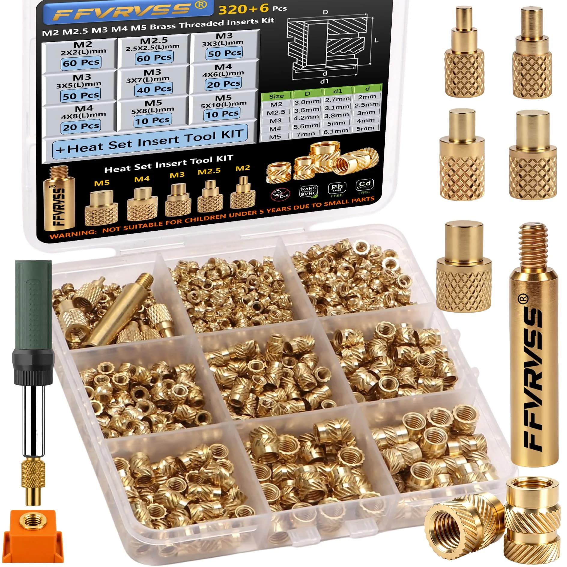 FFVRVSS Brass Threaded Inserts Kit M2-M5 (300+6Pcs) | Heat Set Nuts for 3D Printing & Plastics — brass color