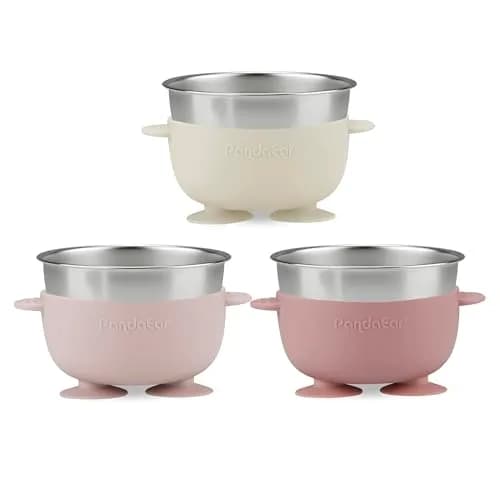 PandaEar 3 Pack Stainless Steel Suction Baby Bowls & 3 Spoons | BPA-Free Toddler Feeding Set (Pink White) thumbnail 5