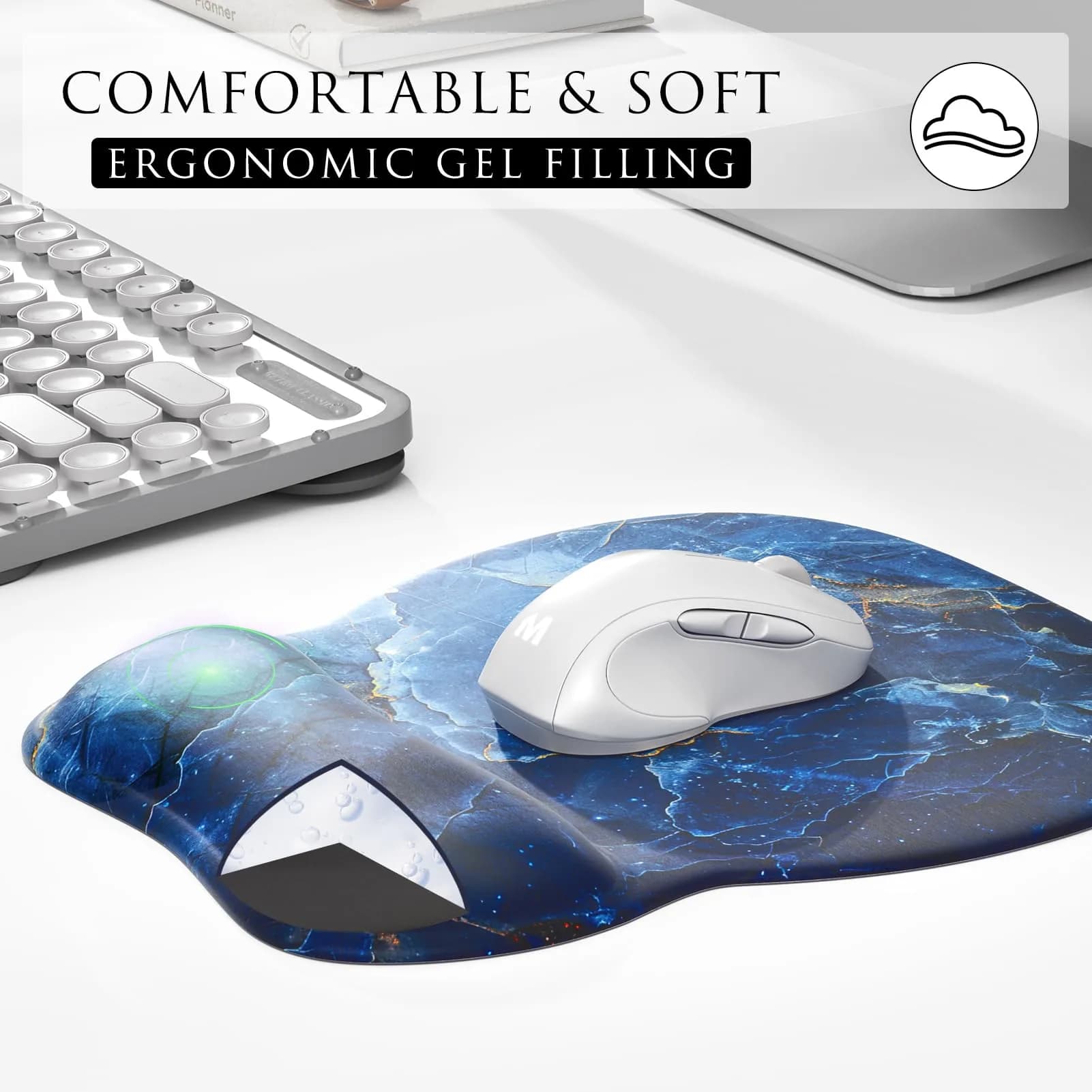 MROCO Ergonomic Mouse Pad with Gel Wrist Rest, 9.4 x 8.1 Inch Ocean Marble | Reduce Wrist Strain thumbnail 3