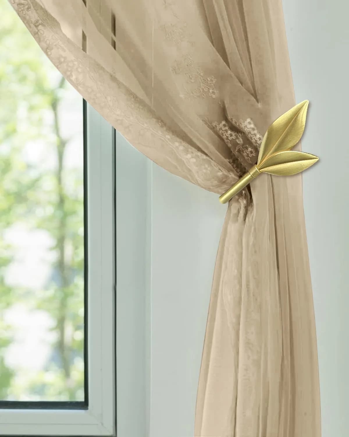 J JHOUSELIFESTYLE Antique Brass Curtain Holdbacks 2 Pack | Metal Olive Leaf Wall Mounted Decor (6.25 inch) — Gold