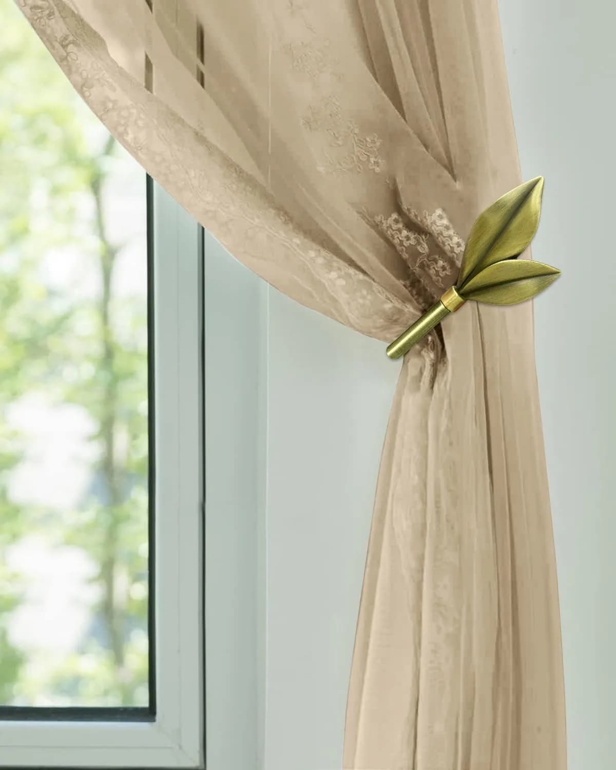J JHOUSELIFESTYLE Antique Brass Curtain Holdbacks 2 Pack | Metal Olive Leaf Wall Mounted Decor (6.25 inch) - main product image