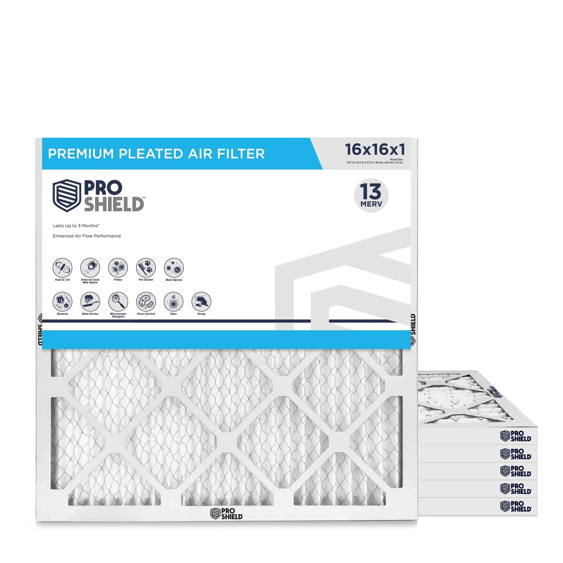 ProShield 20x20x1 MERV 13 Pleated HVAC Air Filter 6-Pack | Captures 90% of 1-3 Micron Particles — 16" x 16" x 1"