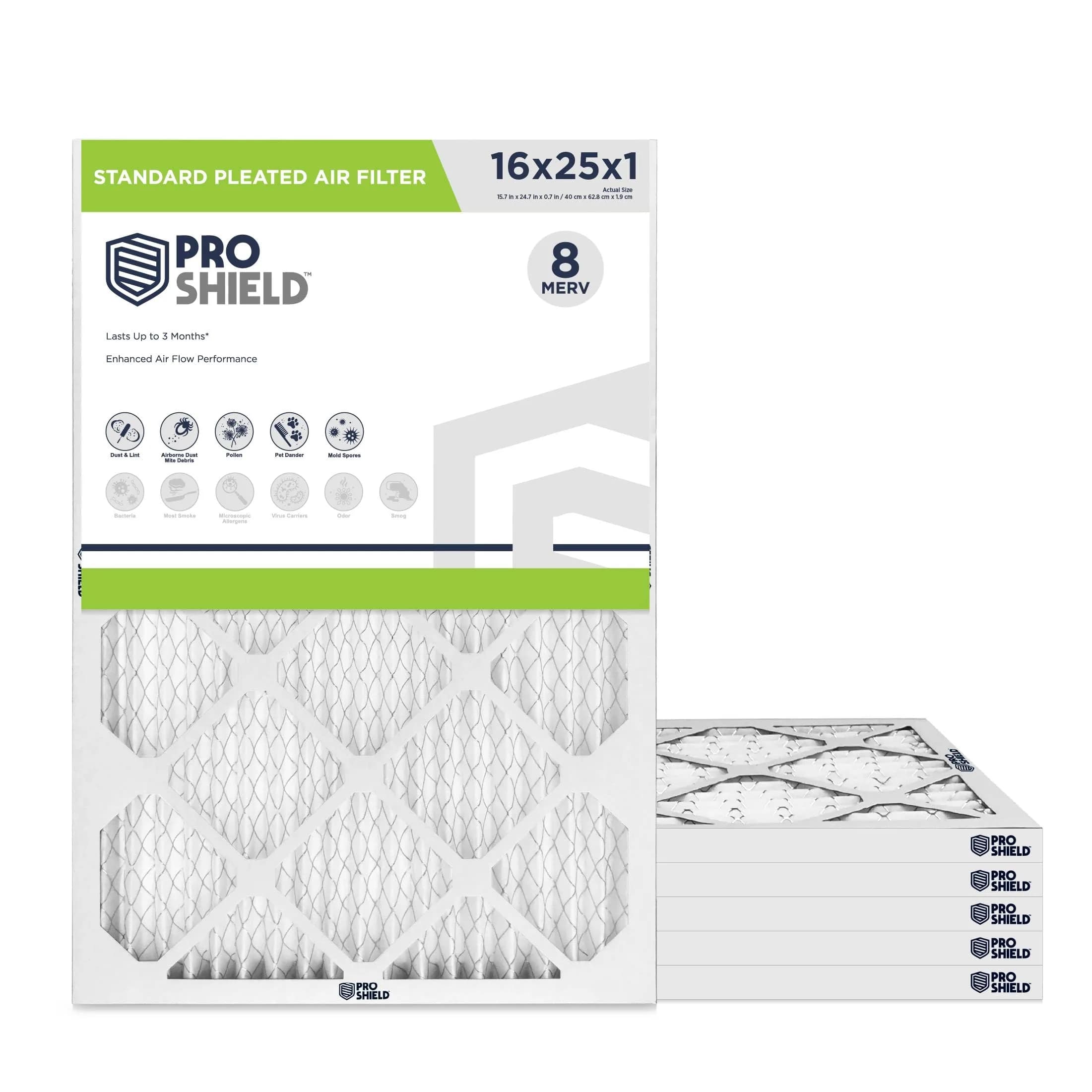 Proshield 20x25x1 MERV 8 HVAC Air Filter | 6 Pack, USA Made, 3-Month Life — 16" x 25" x 1"