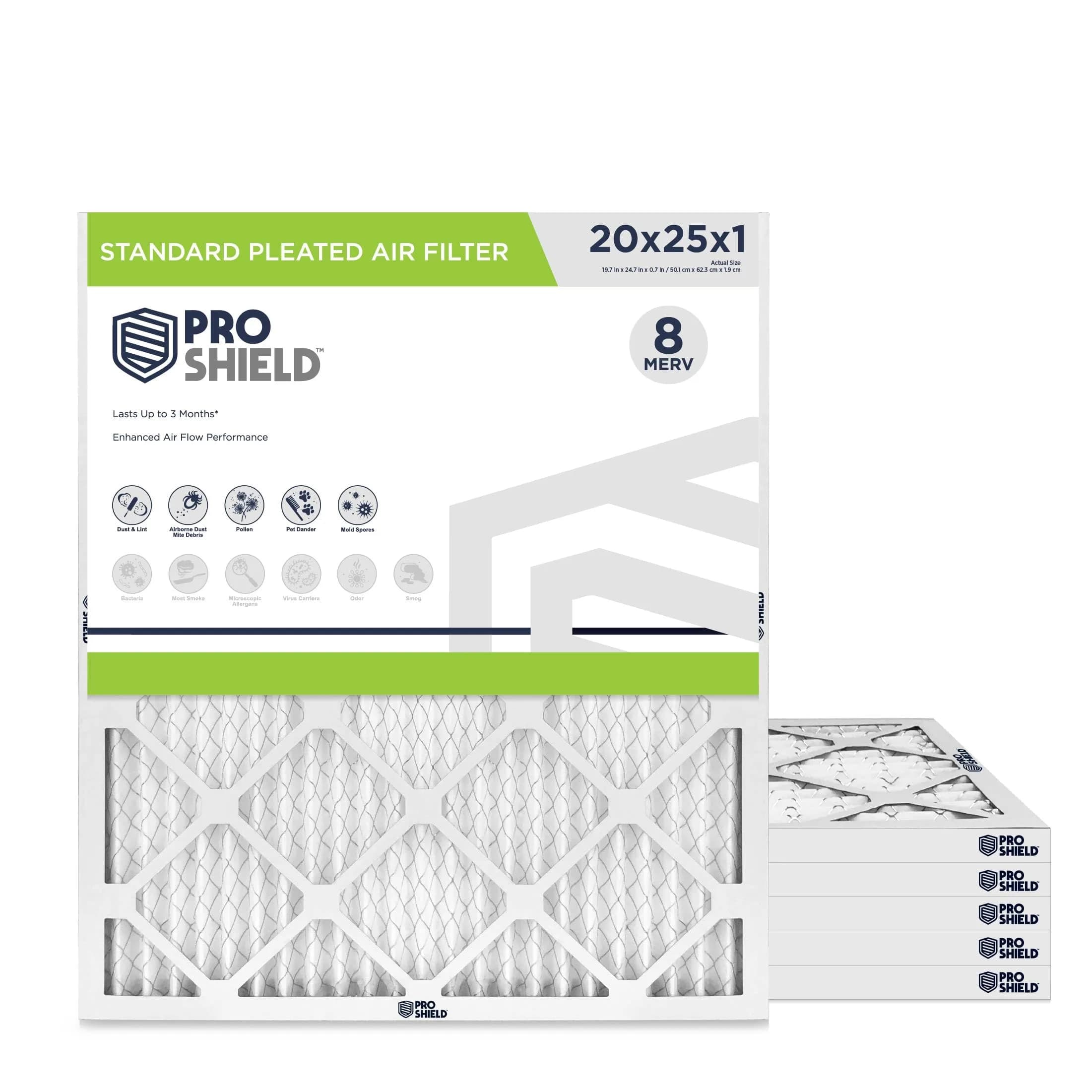 Proshield 20x25x1 MERV 8 HVAC Air Filter | 6 Pack, USA Made, 3-Month Life - main product image