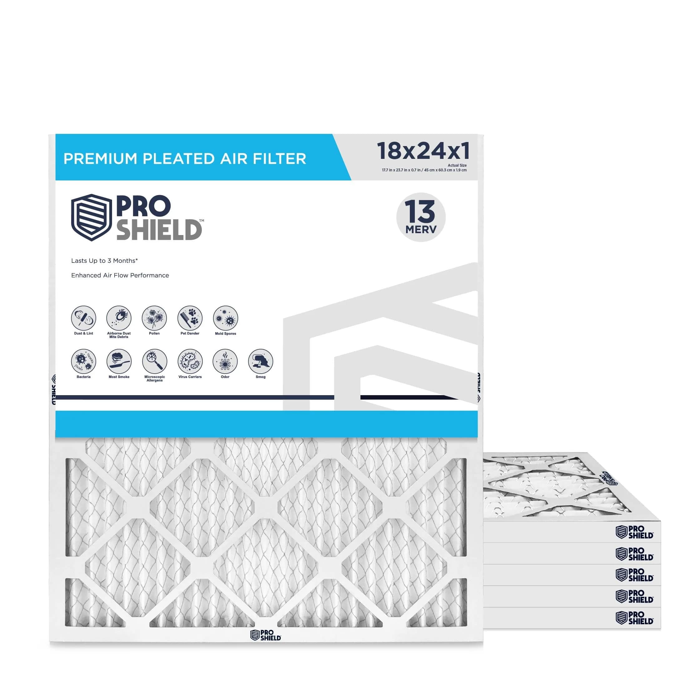 ProShield 20x20x1 MERV 13 Pleated HVAC Air Filter 6-Pack | Captures 90% of 1-3 Micron Particles — 18" x 24" x 1"