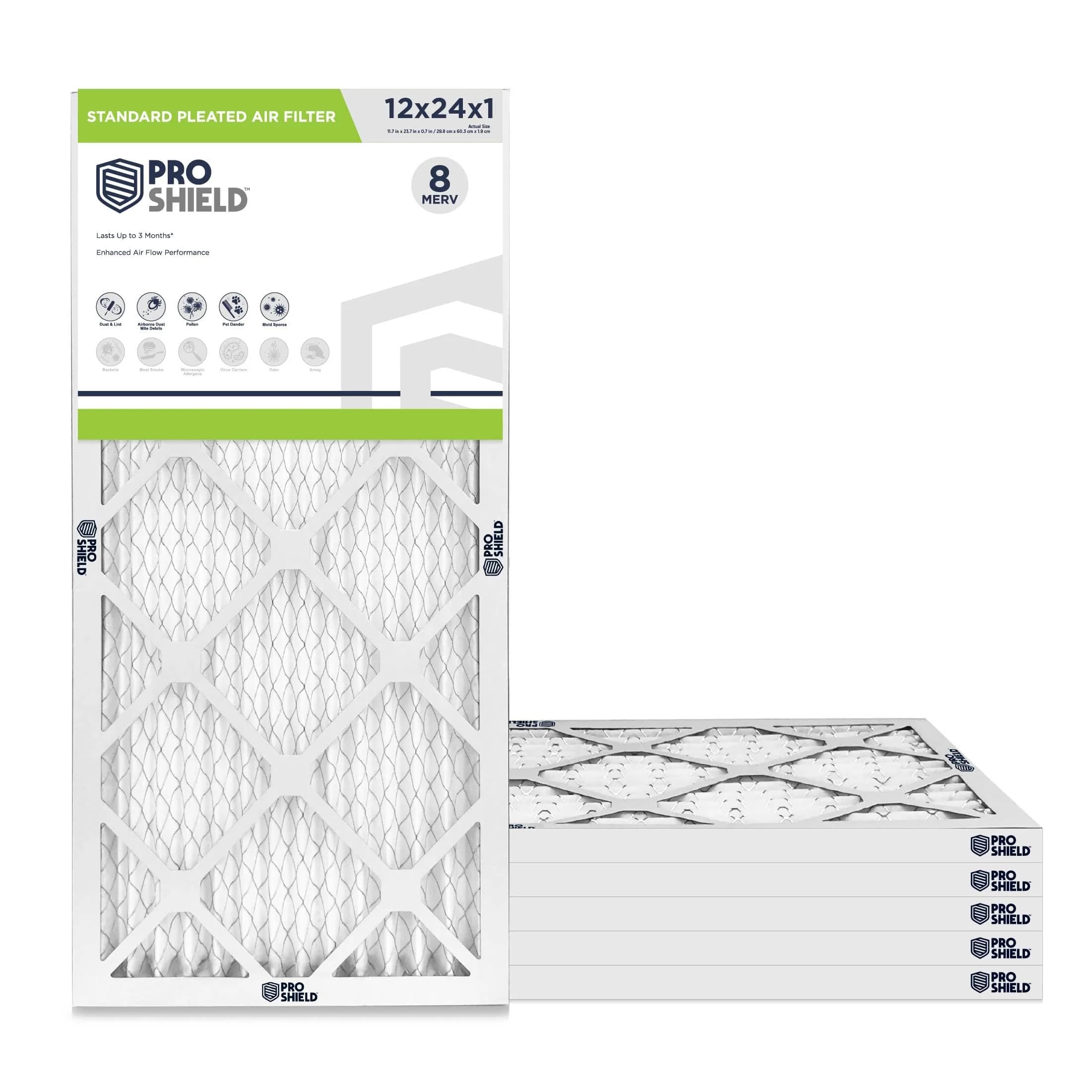 Proshield 20x25x1 MERV 8 HVAC Air Filter | 6 Pack, USA Made, 3-Month Life — 12" x 24" x 1"