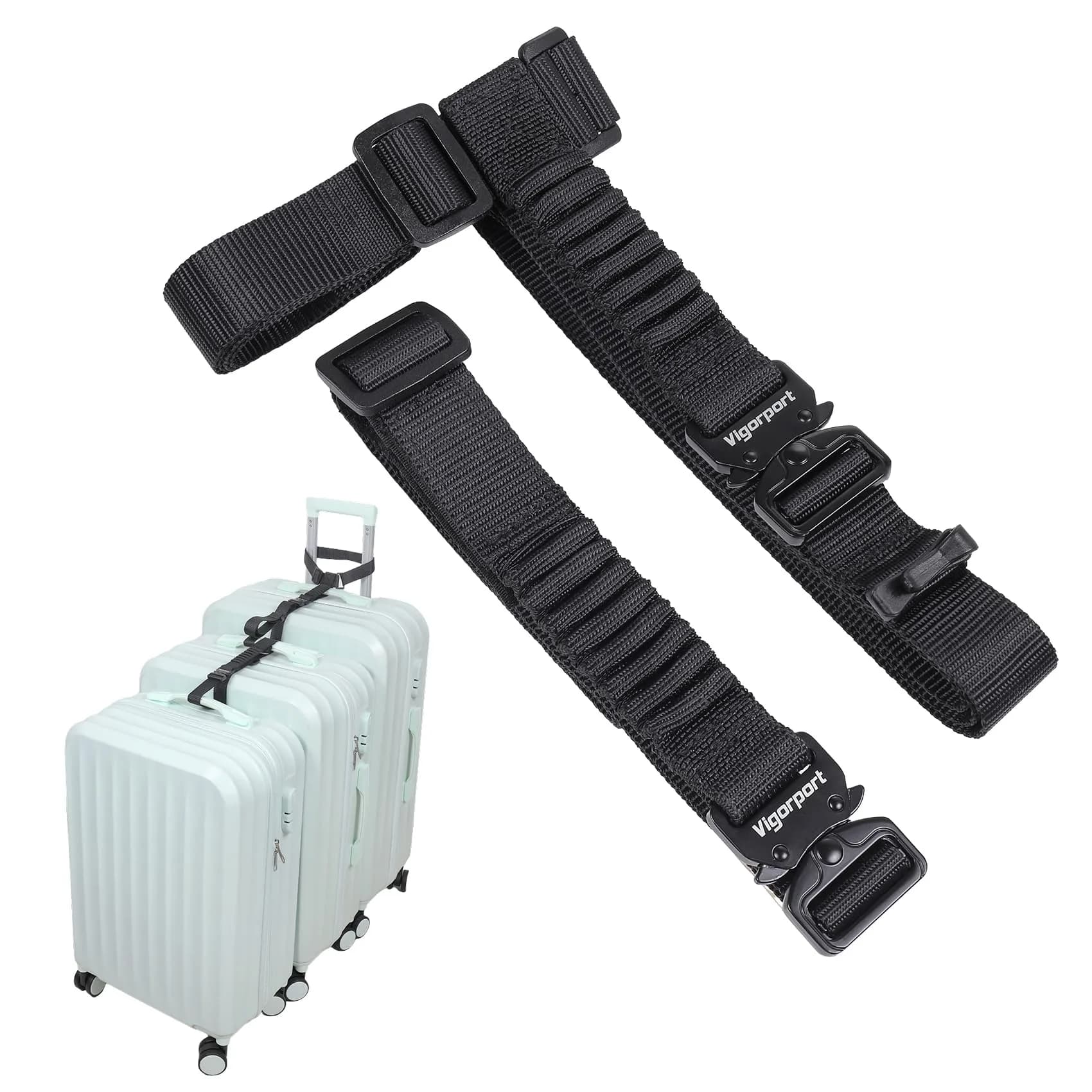 Vigorport Luggage Straps, Metal Buckle & Stretchy Nylon Connector Set (2-Pack, Black) | Securely Connect Luggage for Easier Travel — Black-All Metal Buckle
