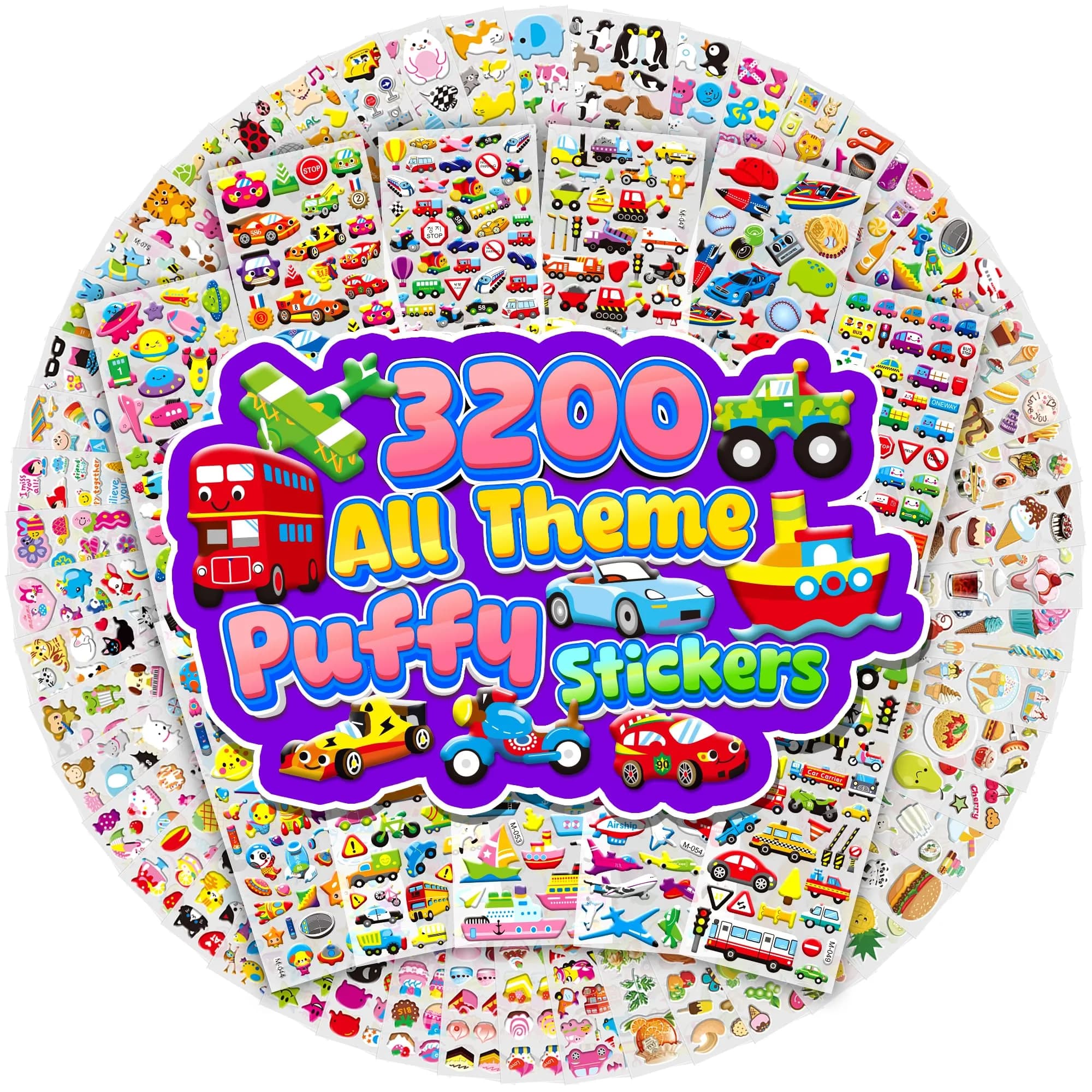 Sinceroduct 3200+ Puffy Stickers for Toddlers & Kids | 64 Sheets, Multicolored 3D Foam Animal & Letter Designs — 3200-N0.5