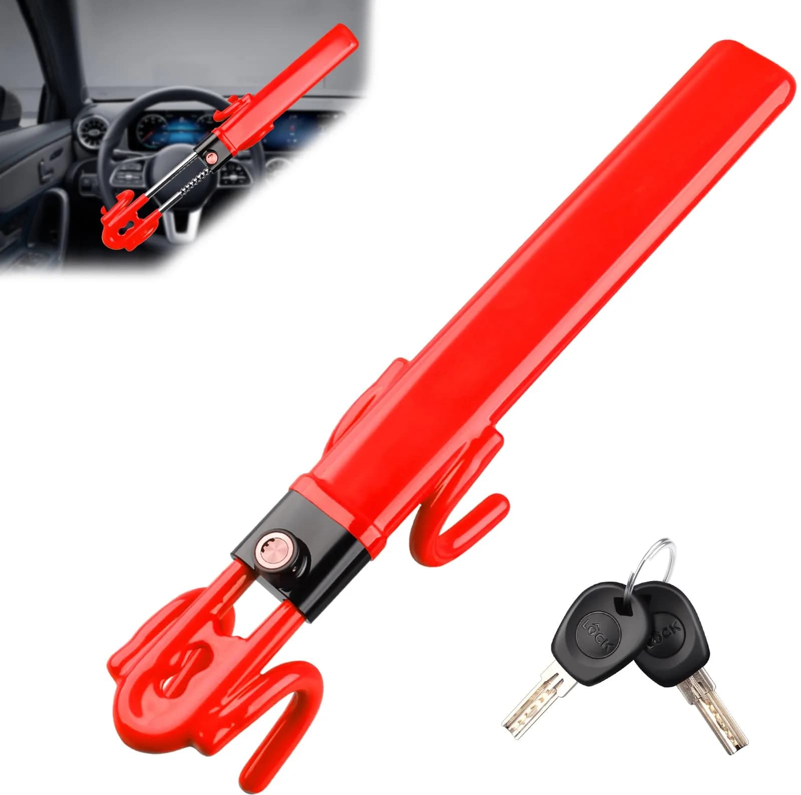 NOEAIKE Heavy Duty Steering Wheel Lock Anti-Theft Car Device with Dual Hooks & 2 Keys | Fits 12.7cm-33cm Wheels — Red