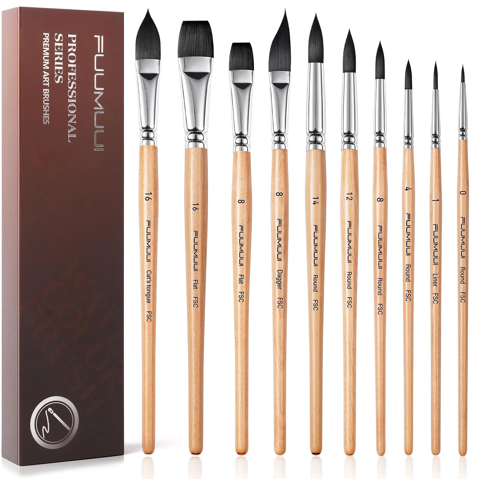 Fuumuui 7pcs Sable Watercolor Brush Set with Extended Needle, Round, Flat, Dagger, Cat's Tongue Shapes | Professional Artist Detail & Wash Painting — Wooden