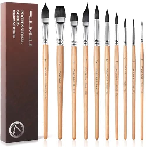 Fuumuui Watercolor Brush Set 10pcs Synthetic Squirrel Hair | Flat, Round, Dagger, Cat's Tongue, Oval Wash thumbnail 1