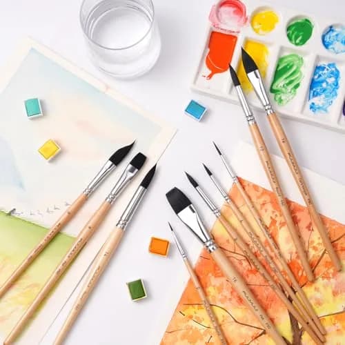 Fuumuui Watercolor Brush Set 10pcs Synthetic Squirrel Hair | Flat, Round, Dagger, Cat's Tongue, Oval Wash thumbnail 7