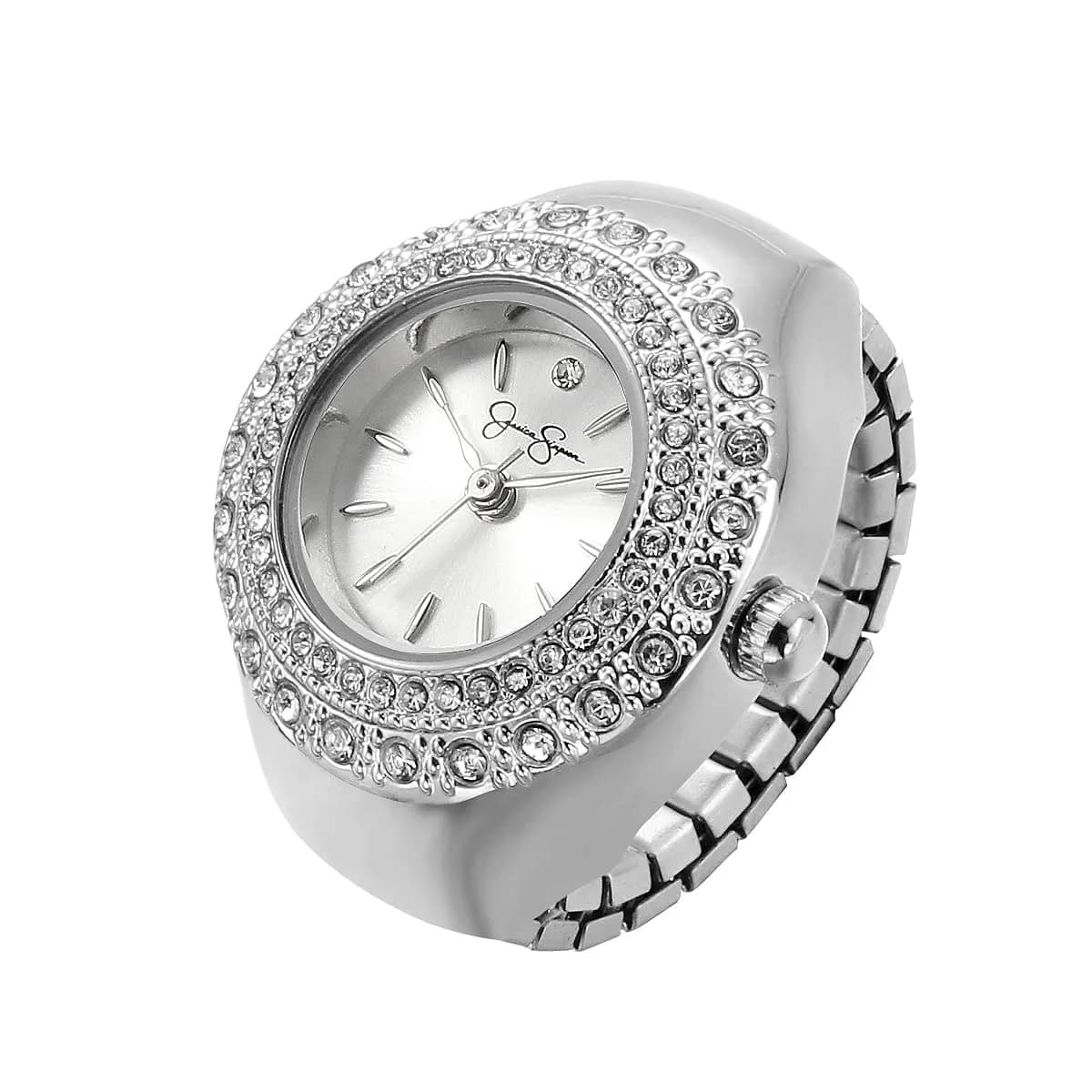 Jessica Simpson Silver Adjustable Ring Watch – Crystal Bezel, Quartz Analog Mini Dial, Stretch Band Fashion Jewelry Accessory — Silver