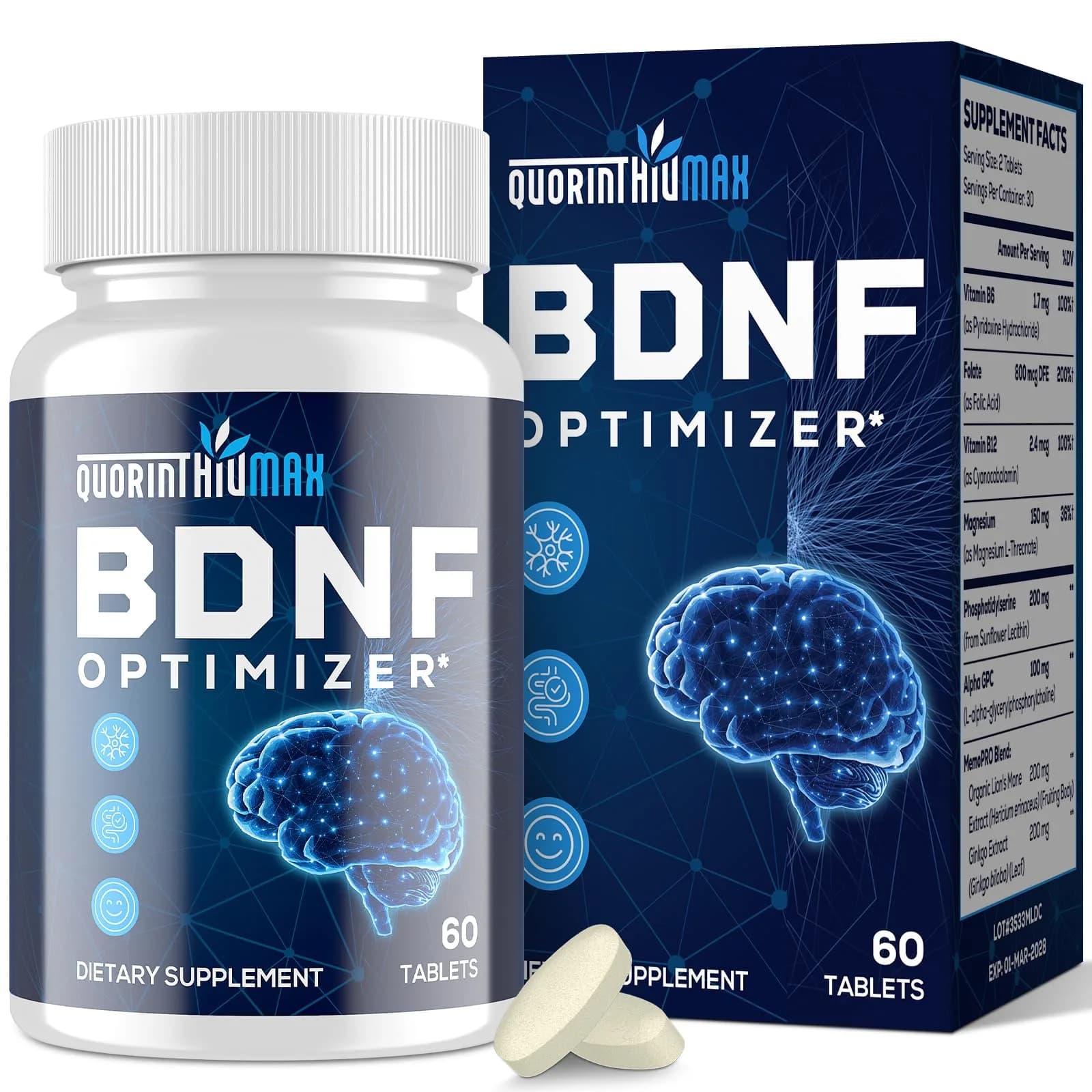 Quorinthiumax Nootropic Brain Supplement 60 Tablets | Organic Lion's Mane & BDNF Optimizer for Memory & Focus