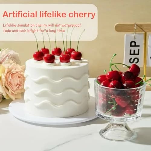 Skylety Dark Red Artificial Cherries with Stems, 50 Pieces (2cm) | Realistic Fake Fruit for Decor thumbnail 5
