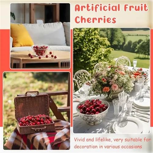 Skylety Dark Red Artificial Cherries with Stems, 50 Pieces (2cm) | Realistic Fake Fruit for Decor thumbnail 6