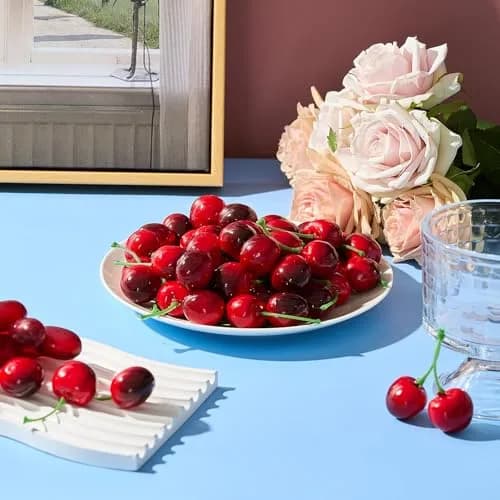 Skylety Dark Red Artificial Cherries with Stems, 50 Pieces (2cm) | Realistic Fake Fruit for Decor thumbnail 7