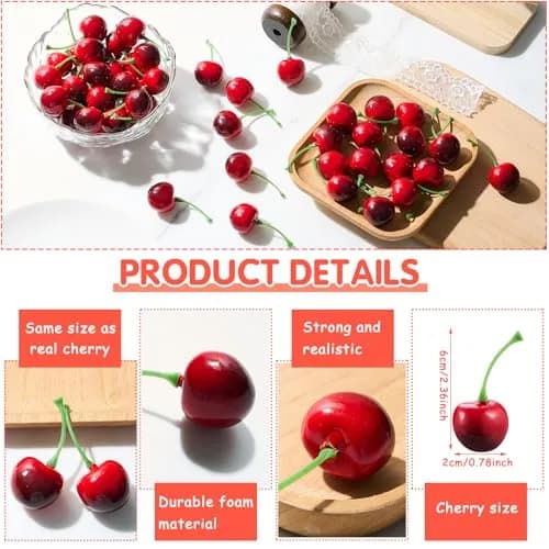 Skylety Dark Red Artificial Cherries with Stems, 50 Pieces (2cm) | Realistic Fake Fruit for Decor thumbnail 2