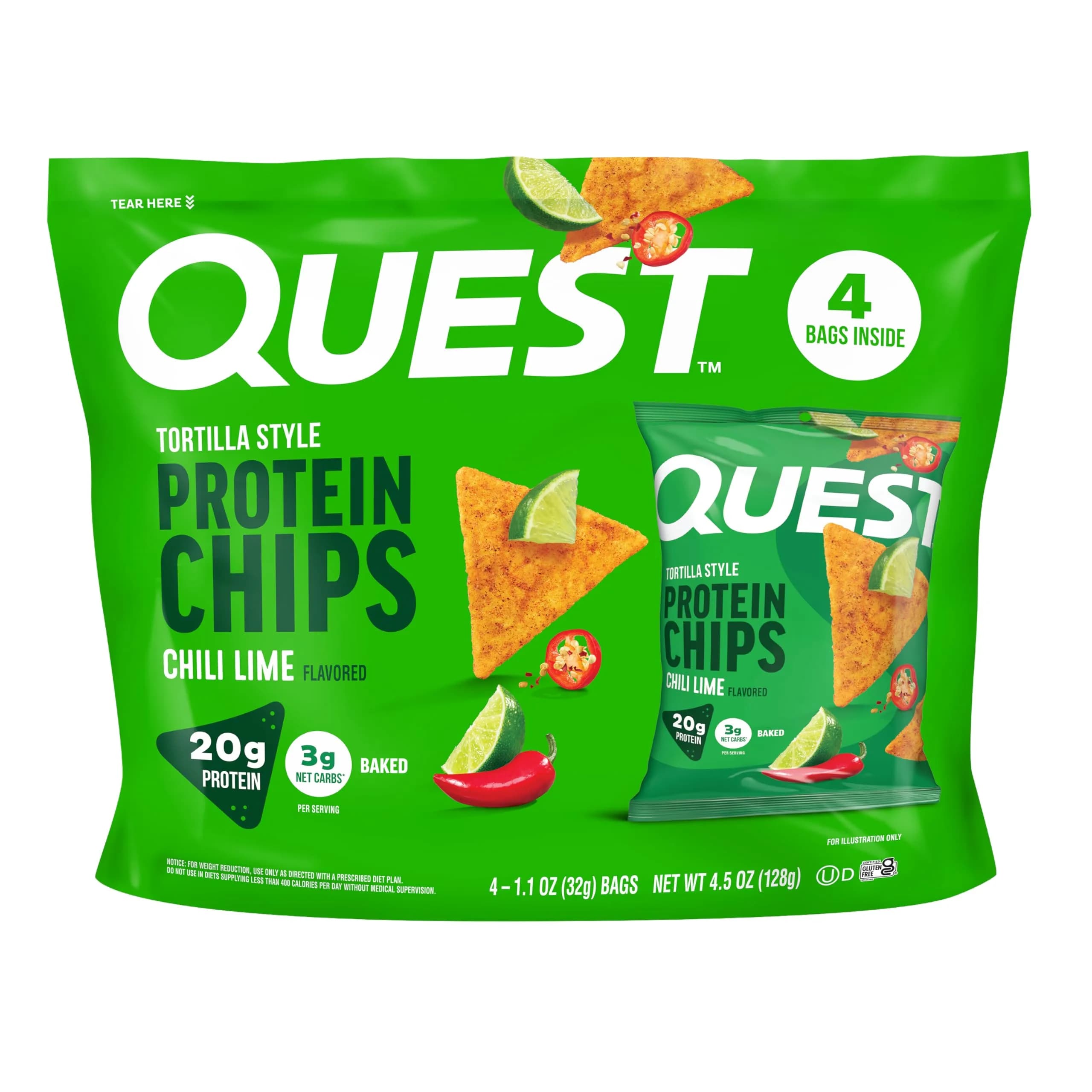 Quest Nutrition Chili Lime Tortilla Style Protein Chips 4 Pack | Baked, Gluten-Free, 20g Protein, 3g Net Carbs - main product image