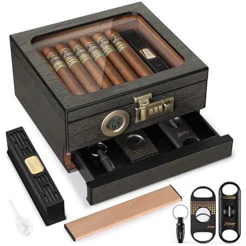 Tesonway Cedar Wood Cigar Humidor with Glass Top & Digital Hygrometer, 20-45 Cigar Capacity | Imported for India thumbnail 1