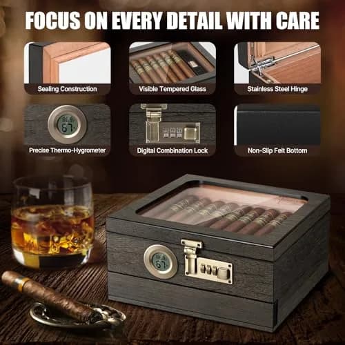 Tesonway Cedar Wood Cigar Humidor with Glass Top & Digital Hygrometer, 20-45 Cigar Capacity | Imported for India thumbnail 7