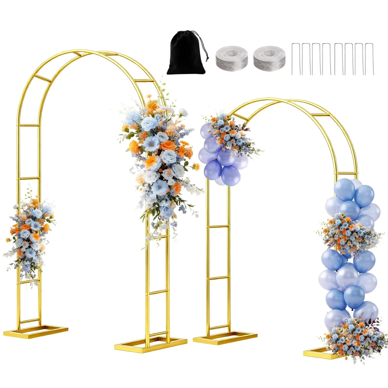 Nisoger 2 Pack Metal Arch Backdrop Stand 2.2m (7.2 ft) & 1.8m (6 ft) Gold Balloon Arbor Frame | Heavy Duty Wedding Party Decor — Bright Gold / 7.2+6 FT