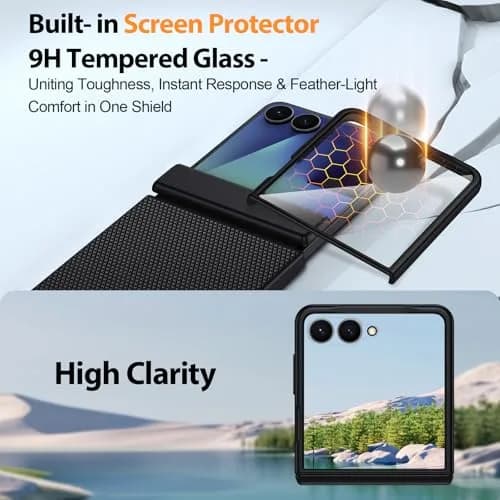 spoovcto for Samsung Galaxy Z-Flip-7 Case: Non-slip Grip 3D Texture & Magnetic Hinge, 9H Glass Screen Protector, Shockproof TPU Cover, Black thumbnail 4