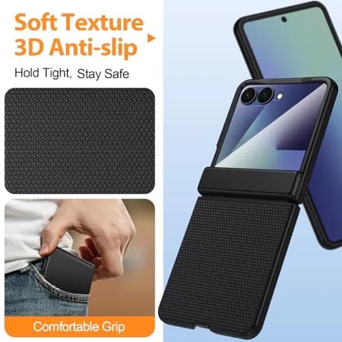 spoovcto for Samsung Galaxy Z-Flip-7 Case: Non-slip Grip 3D Texture & Magnetic Hinge, 9H Glass Screen Protector, Shockproof TPU Cover, Black thumbnail 2