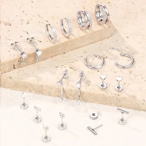 Dochais Silver Cartilage Earrings for Women Trendy Hypoallergenic Surgical Steel | Comfortable, Low Sensitivity, 9-Pair Set thumbnail 6