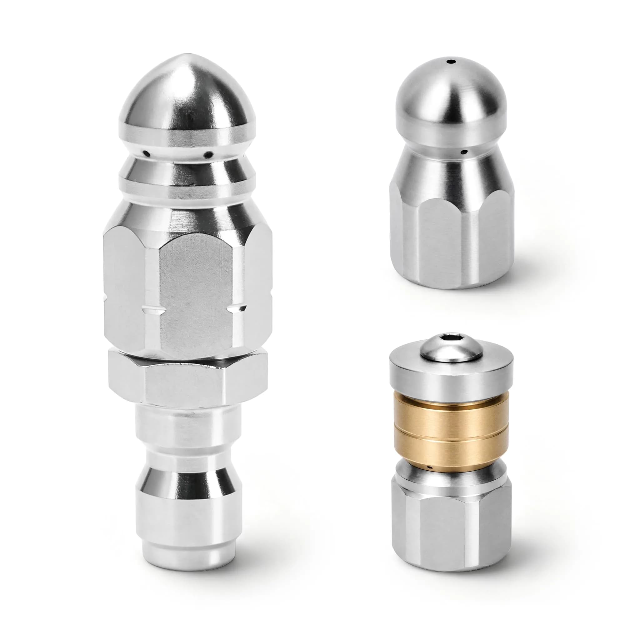 Javneo Sewer Jetter Nozzle Kit 3-Pack Stainless Steel with Rotating, Button Nose, Fixed Models, 1/4” Quick Connect, Up to 5000 PSI - main product image