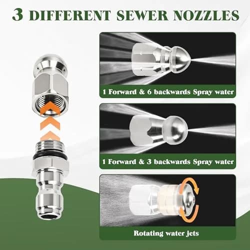 Javneo Sewer Jetter Nozzle Kit 3-Pack Stainless Steel with Rotating, Button Nose, Fixed Models, 1/4” Quick Connect, Up to 5000 PSI thumbnail 5